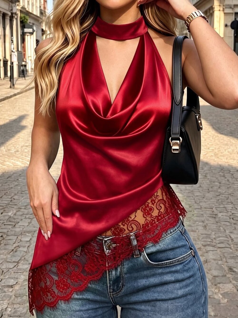 Red Elegant Women's Slim Fit Asymmetrical Halter Tank Top